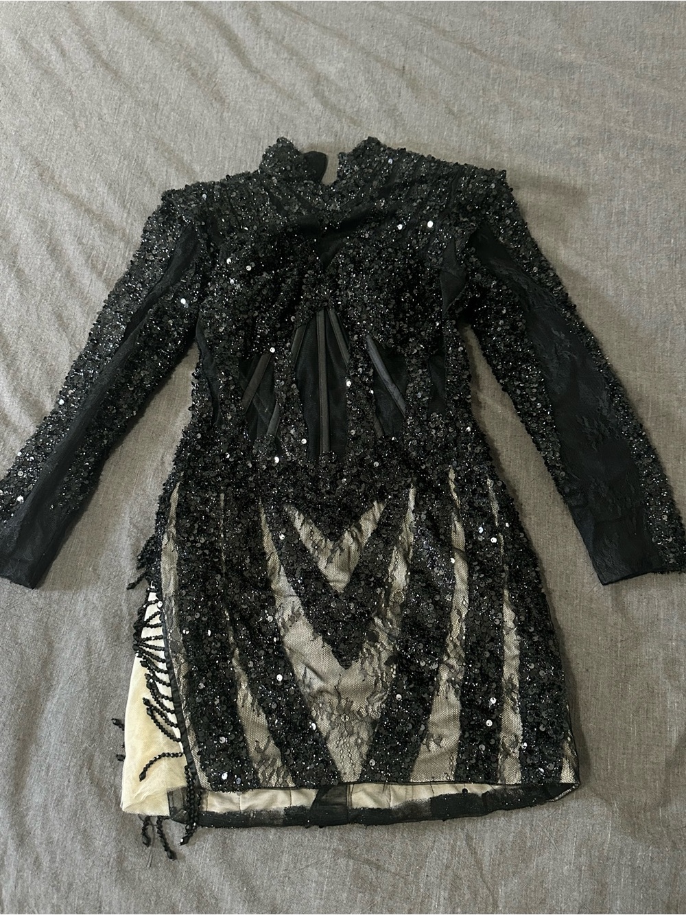 Black Sequin Beaded Long Sleeve Mini Dress